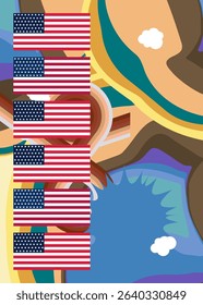 Retro 70s Background with American Flag. Groovy Independence Day 1970s art template. Minimalistic Vintage design poster. Old-fashioned color artwork.