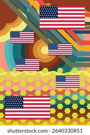 Retro 70s Background with American Flag. Groovy Independence Day 1970s art template. Minimalistic Vintage design poster. Old-fashioned color artwork.