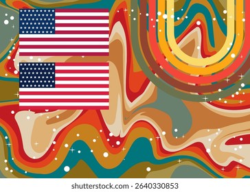 Retro 70s Background with American Flag. Groovy Independence Day 1970s art template. Minimalistic Vintage design poster. Old-fashioned color artwork.