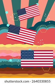 Retro 70s Background with American Flag. Groovy Independence Day 1970s art template. Minimalistic Vintage design poster. Old-fashioned color artwork.