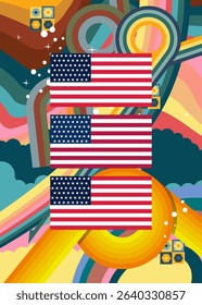 Retro 70s Background with American Flag. Groovy Independence Day 1970s art template. Minimalistic Vintage design poster. Old-fashioned color artwork.
