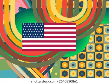 Retro 70s Background with American Flag. Groovy Independence Day 1970s art template. Minimalistic Vintage design poster. Old-fashioned color artwork.