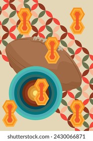 Retro 70s Background with American Football Ball. Groovy Sport 1970s art template. Minimalistic Vintage design poster. Old-fashioned color artwork.