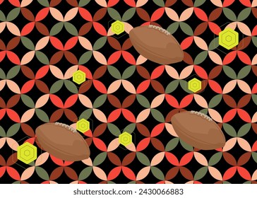 Retro 70s Background with American Football Ball. Groovy Sport 1970s art template. Minimalistic Vintage design poster. Old-fashioned color artwork.