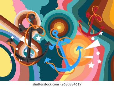 Retro 70s Background with Anchor. Groovy Steel 1970s art template. Minimalistic Vintage design poster. Old-fashioned color artwork.