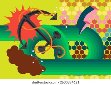 Retro 70s Background with Anchor. Groovy Steel 1970s art template. Minimalistic Vintage design poster. Old-fashioned color artwork.