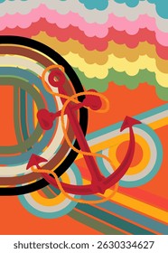 Retro 70s Background with Anchor. Groovy Steel 1970s art template. Minimalistic Vintage design poster. Old-fashioned color artwork.
