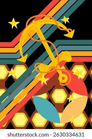 Anchor 70s retrospectiva de fundo. Modelo de arte Groovy Steel 1970s. Cartaz de design minimalista Vintage. Arte colorida antiquada.