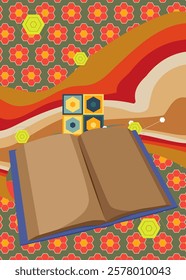 Retro 70s Background with Book. Groovy Education 1970s art template. Minimalistic Vintage design poster. Old-fashioned color artwork.