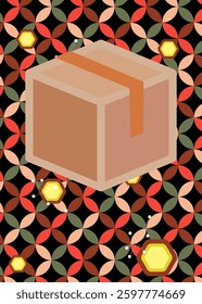 Retro 70s Background with Cardboard Box. Groovy Container 1970s art template. Minimalistic Vintage design poster. Old-fashioned color artwork.