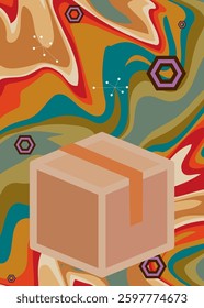 Retro 70s Background with Cardboard Box. Groovy Container 1970s art template. Minimalistic Vintage design poster. Old-fashioned color artwork.