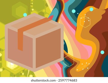 Retro 70s Background with Cardboard Box. Groovy Container 1970s art template. Minimalistic Vintage design poster. Old-fashioned color artwork.