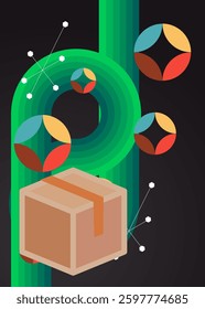 Retro 70s Background with Cardboard Box. Groovy Container 1970s art template. Minimalistic Vintage design poster. Old-fashioned color artwork.