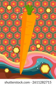 Retro 70s Background with Carrot. Groovy Food 1970s art template. Minimalistic Vintage design poster. Old-fashioned color artwork.