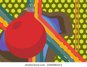 Retro 70s Background with Christmas ball Groovy Holiday decor 1970s art template. Minimalistic Vintage design poster. Old-fashioned color artwork.