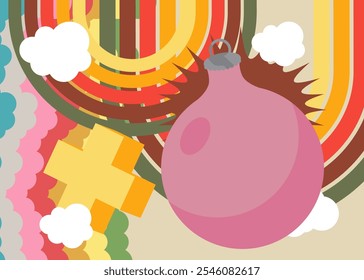 Retro 70s Background with Christmas ball Groovy Holiday decor 1970s art template. Minimalistic Vintage design poster. Old-fashioned color artwork.