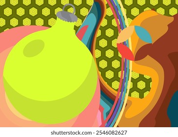 Retro 70s Background with Christmas ball Groovy Holiday decor 1970s art template. Minimalistic Vintage design poster. Old-fashioned color artwork.