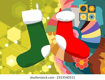 Retro 70s Background with Christmas stocking. Groovy Decoration 1970s art template. Minimalistic Vintage design poster. Old-fashioned color artwork.