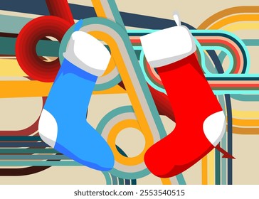 Retro 70s Background with Christmas stocking. Groovy Decoration 1970s art template. Minimalistic Vintage design poster. Old-fashioned color artwork.