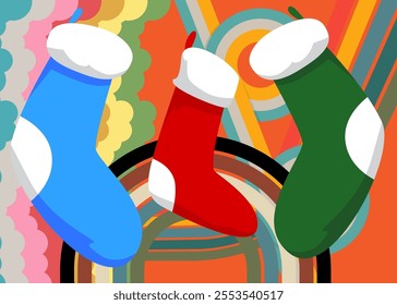 Retro 70s Background with Christmas stocking. Groovy Decoration 1970s art template. Minimalistic Vintage design poster. Old-fashioned color artwork.