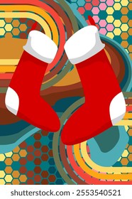 Retro 70s Background with Christmas stocking. Groovy Decoration 1970s art template. Minimalistic Vintage design poster. Old-fashioned color artwork.