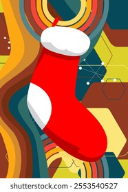 Retro 70s Background with Christmas stocking. Groovy Decoration 1970s art template. Minimalistic Vintage design poster. Old-fashioned color artwork.