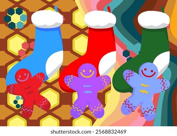 Retro 70s Background with Christmas stocking and Gingerbread Man Cookie. Groovy Holiday 1970s art template. Minimalistic Vintage design poster. Old-fashioned color artwork.