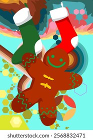 Retro 70s Background with Christmas stocking and Gingerbread Man Cookie. Groovy Holiday 1970s art template. Minimalistic Vintage design poster. Old-fashioned color artwork.