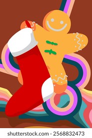 Retro 70s Background with Christmas stocking and Gingerbread Man Cookie. Groovy Holiday 1970s art template. Minimalistic Vintage design poster. Old-fashioned color artwork.