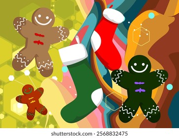 Retro 70s Background with Christmas stocking and Gingerbread Man Cookie. Groovy Holiday 1970s art template. Minimalistic Vintage design poster. Old-fashioned color artwork.