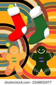 Retro 70s Background with Christmas stocking and Gingerbread Man Cookie. Groovy Holiday 1970s art template. Minimalistic Vintage design poster. Old-fashioned color artwork.