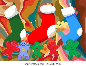 Retro 70s Background with Christmas stocking and Gingerbread Man Cookie. Groovy Holiday 1970s art template. Minimalistic Vintage design poster. Old-fashioned color artwork.