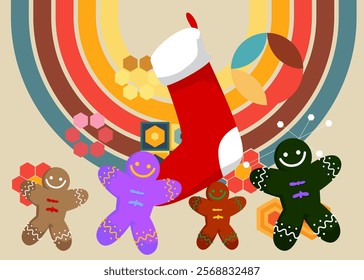 Retro 70s Background with Christmas stocking and Gingerbread Man Cookie. Groovy Holiday 1970s art template. Minimalistic Vintage design poster. Old-fashioned color artwork.