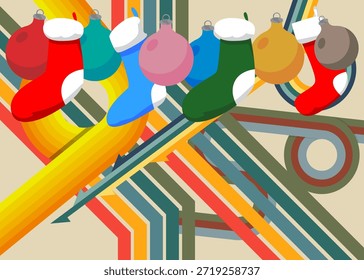 Retro 70s Background with Christmas stocking and decoration ball. Groovy Holiday 1970s art template. Minimalistic Vintage design poster. Old-fashioned color artwork.