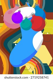 Fondo retro de los años 70 con medias de Navidades y bola de decoración. Plantilla de arte Groovy Festiva 1970s. Afiche de diseño minimalista de Antiguas. Obra de arte a color anticuada.