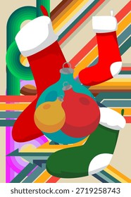 Retro 70er Jahre Hintergrund mit Weihnachtsstrumpf und Dekorationskugel. Groovy Holiday 1970er Jahre Kunstvorlage. Minimalistisches Vintage Design Poster. Alte Farbkunst.