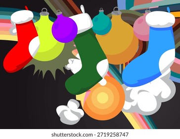 Retro 70s Background with Christmas stocking and decoration ball. Groovy Holiday 1970s art template. Minimalistic Vintage design poster. Old-fashioned color artwork.