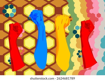 Retro 70s Background with Clenched fist. Groovy raised fists at a demonstration 1970s art template. Minimalistic Vintage design poster. Old-fashioned color artwork.