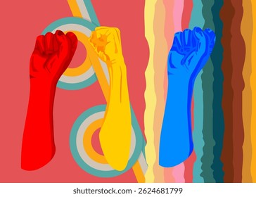 Retro 70s Background with Clenched fist. Groovy raised fists at a demonstration 1970s art template. Minimalistic Vintage design poster. Old-fashioned color artwork.