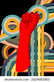 Retro 70s Background with Clenched fist. Groovy raised fists at a demonstration 1970s art template. Minimalistic Vintage design poster. Old-fashioned color artwork.