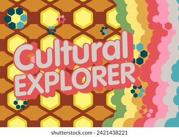 Retro 70s Background with Cultural Explorer word, Groovy Adventure 1970s art template. Minimalistic Vintage design poster. Old-fashioned color artwork.
