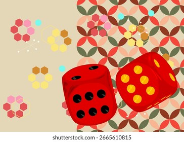 Retro 70s Background with dice. Groovy board game 1970s art template. Minimalistic Vintage design poster. Old-fashioned color artwork.