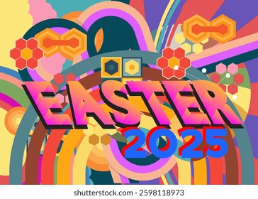 Retro 70s Background with Easter 2025 text. Groovy holiday 1970s art template. Minimalistic Vintage design poster. Old-fashioned color artwork.