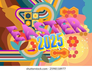 Retro 70s Background with Easter 2025 text. Groovy holiday 1970s art template. Minimalistic Vintage design poster. Old-fashioned color artwork.