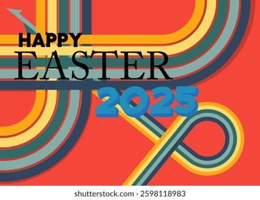 Retro 70s Background with Easter 2025 text. Groovy holiday 1970s art template. Minimalistic Vintage design poster. Old-fashioned color artwork.