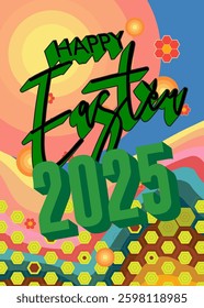 Retro 70s Background with Easter 2025 text. Groovy holiday 1970s art template. Minimalistic Vintage design poster. Old-fashioned color artwork.