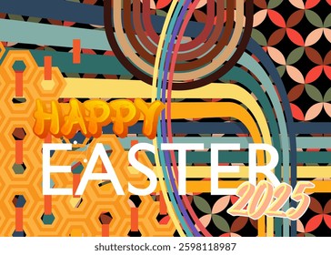 Retro 70s Background with Easter 2025 text. Groovy holiday 1970s art template. Minimalistic Vintage design poster. Old-fashioned color artwork.