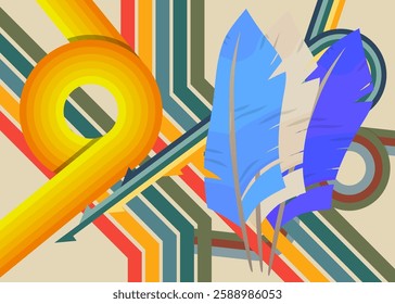 Retro 70s Background with Feather. Groovy Quill Pen 1970s art template. Minimalistic Vintage design poster. Old-fashioned color artwork.