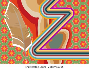 Retro 70s Background with Feather. Groovy Quill Pen 1970s art template. Minimalistic Vintage design poster. Old-fashioned color artwork.