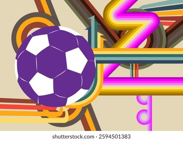 Retro 70s Background with Football Ball. Groovy Sport 1970s art template. Minimalistic Vintage design poster. Old-fashioned color artwork.